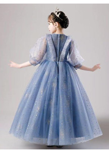 robe fille d'honneur en tulle bleu parsemé d'étoiles scintillantes