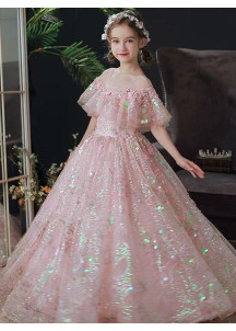 robe fille d'honneur princesse en tulle rose poudré orné de sequins scintillants