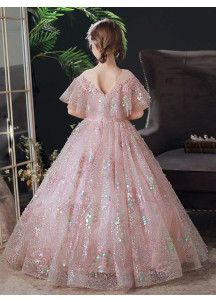 robe fille d'honneur princesse en tulle rose poudré orné de sequins scintillants