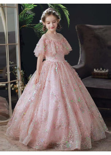 robe fille d'honneur princesse en tulle rose poudré orné de sequins scintillants