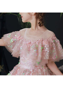 robe fille d'honneur princesse en tulle rose poudré orné de sequins scintillants