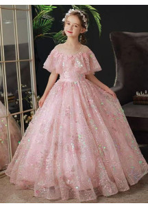 robe fille d'honneur princesse en tulle rose poudré orné de sequins scintillants