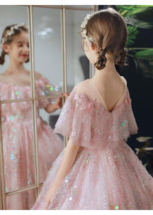 robe fille d'honneur princesse en tulle rose poudré orné de sequins scintillants