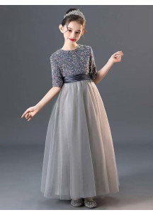 robe fille d'honneur princesse en tulle gris argenté brodé de sequins multicolores