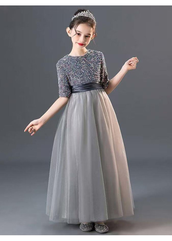 Princess Flower Girl Dress in Gray Silver Tulle with Multicolored Sequins