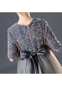 robe fille d'honneur princesse en tulle gris argenté brodé de sequins multicolores