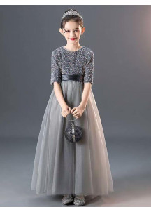 robe fille d'honneur princesse en tulle gris argenté brodé de sequins multicolores