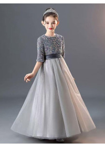 robe fille d'honneur princesse en tulle gris argenté brodé de sequins multicolores