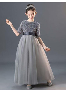 robe fille d'honneur princesse en tulle gris argenté brodé de sequins multicolores