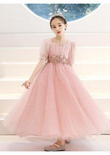 robe fille d'honneur princesse en tulle rose poudré constellé de fines paillettes scintillantes