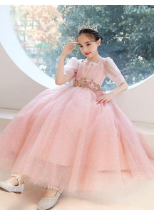 robe fille d'honneur princesse en tulle rose poudré constellé de fines paillettes scintillantes