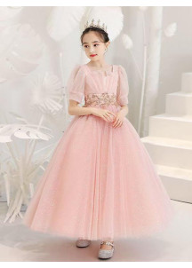 robe fille d'honneur princesse en tulle rose poudré constellé de fines paillettes scintillantes