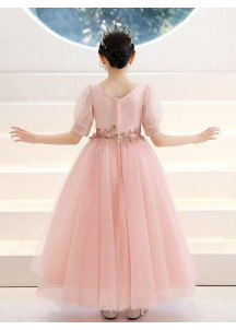 robe fille d'honneur princesse en tulle rose poudré constellé de fines paillettes scintillantes