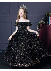 robe de cérémonie pour enfant longue brodée de sequins noirs scintillants