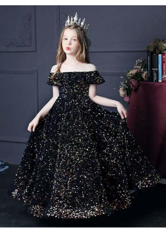 robe de cérémonie pour enfant longue brodée de sequins noirs scintillants