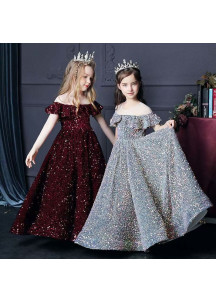 robe de cérémonie pour enfant longue brodée de sequins noirs scintillants