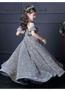 robe de cérémonie pour enfant longue brodée de sequins noirs scintillants