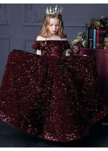 robe de cérémonie pour enfant longue brodée de sequins noirs scintillants