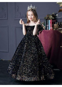 robe de cérémonie pour enfant longue brodée de sequins noirs scintillants