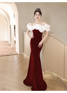 Red and white velvet evening gown in mermaid silhouette