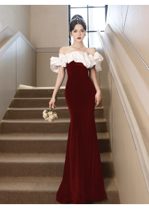 Red and white velvet evening gown in mermaid silhouette