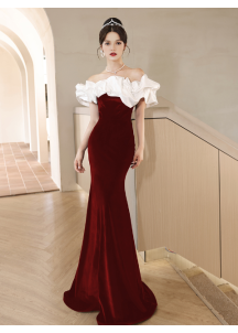 Red and white velvet evening gown in mermaid silhouette