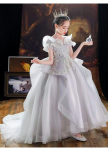 Silver-Colored Ceremony Dress for Little Girls with Airy Tulle Cascades