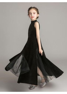 Velvet Black Ceremonial Dress for Children with Front Slit