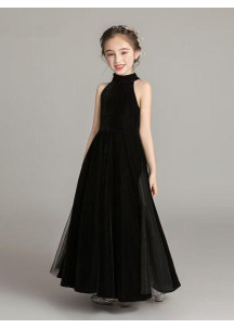 Velvet Black Ceremonial Dress for Children with Front Slit