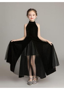 Velvet Black Ceremonial Dress for Children with Front Slit