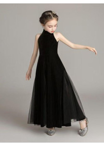 Velvet Black Ceremonial Dress for Children with Front Slit