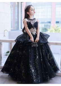 Black Tulle Ceremonial Dress for Children with Double-Layered Full Skirt