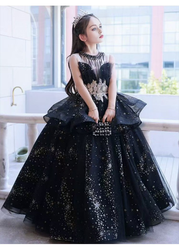 Black Tulle Ceremonial Dress for Children with Double-Layered Full Skirt