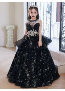 robe de cérémonie pour enfant en tulle noir avec jupe ample à double volants