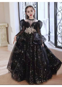 Black Tulle Ceremonial Dress for Children with Double-Layered Full Skirt