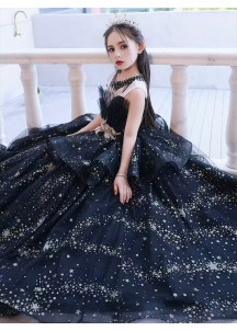 Black Tulle Ceremonial Dress for Children with Double-Layered Full Skirt