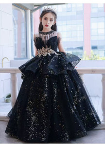 robe de cérémonie pour enfant en tulle noir avec jupe ample à double volants