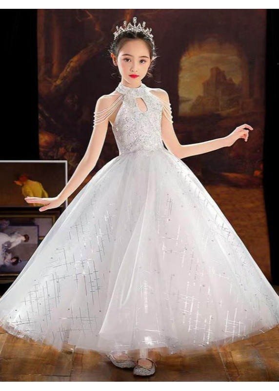 White Tulle Wedding Dress for Children with High Collar and Pearl-Adorned Straps