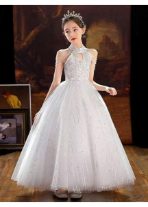 White Tulle Wedding Dress for Children with High Collar and Pearl-Adorned Straps