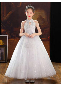 White Tulle Wedding Dress for Children with High Collar and Pearl-Adorned Straps