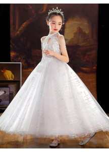 White Tulle Wedding Dress for Children with High Collar and Pearl-Adorned Straps