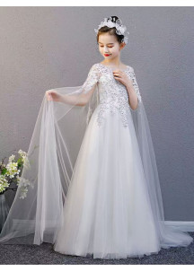 Wedding Dress for Children with Delicate Floral Embroidery and Transparent Tulle Cape