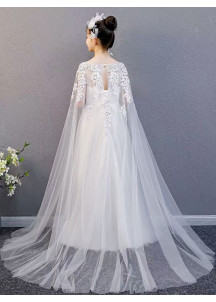 Wedding Dress for Children with Delicate Floral Embroidery and Transparent Tulle Cape