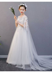 Wedding Dress for Children with Delicate Floral Embroidery and Transparent Tulle Cape