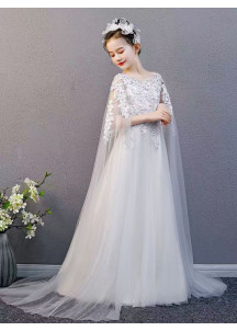 Wedding Dress for Children with Delicate Floral Embroidery and Transparent Tulle Cape