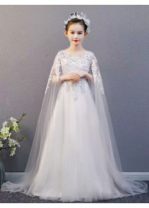 Wedding Dress for Children with Delicate Floral Embroidery and Transparent Tulle Cape