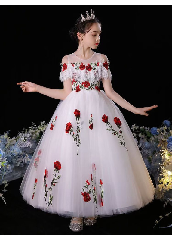 robe fille d'honneur en tulle blanc avec broderies de roses rouges