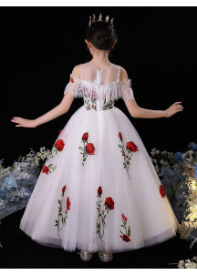 Maid of Honor Dress in White Tulle with Red Rose Embroidery