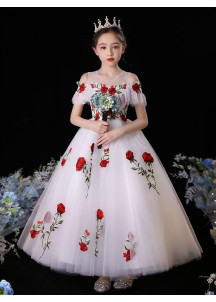 Maid of Honor Dress in White Tulle with Red Rose Embroidery