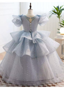 robe fille mariage en tulle bleu ciel avec jupe volumineuse à volants superposés